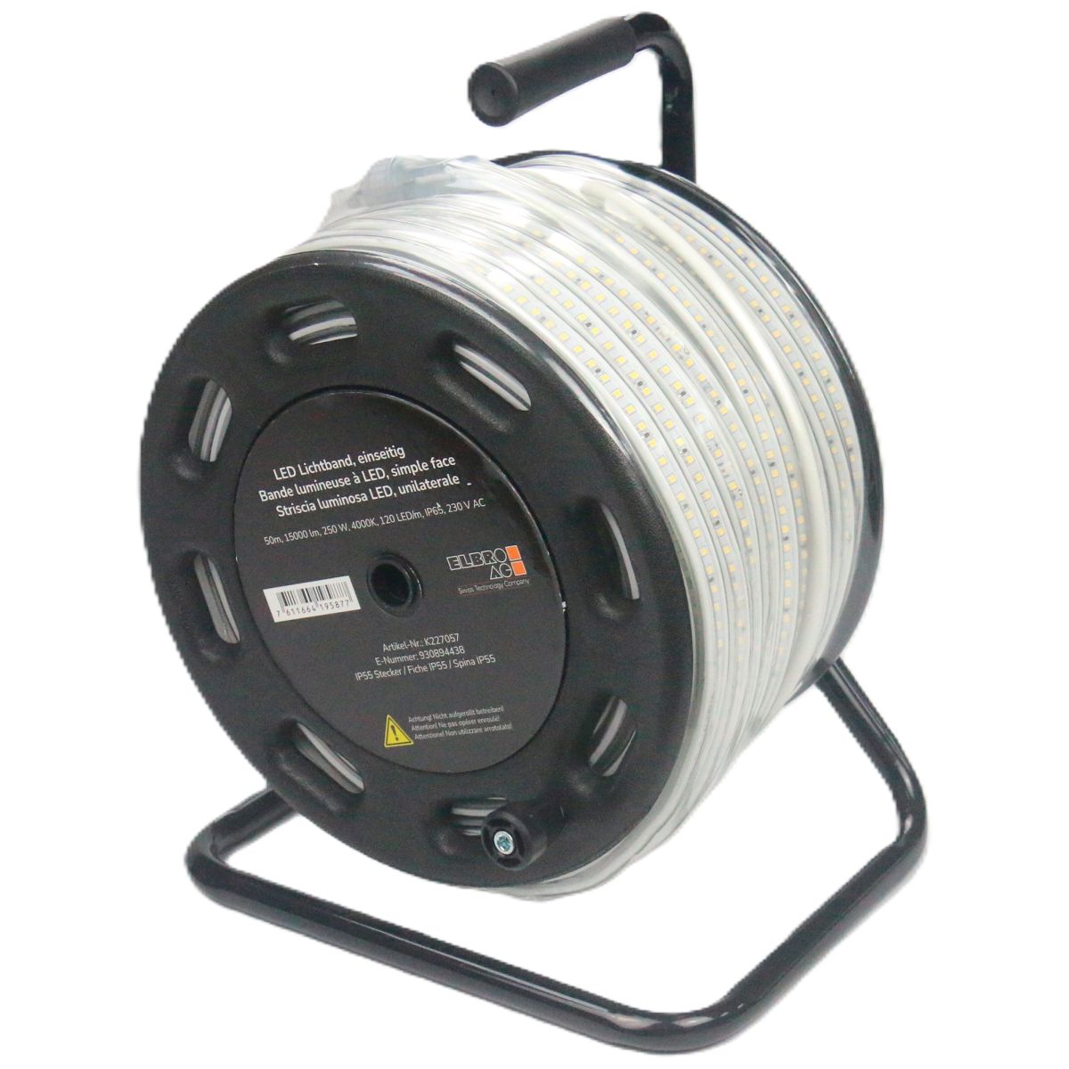 LED Lichtband zum flexiblen Einsatz, einseitig, auf Kabeltrommel , L= 50 m, 250 W, B=15 mm, H=7 mm, 120 LED/m, 230 V AC, 4000 K, IP65
