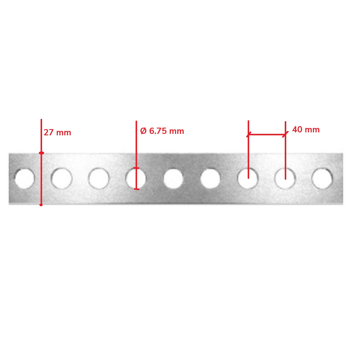 Bande perforée, aluminium, longueur 10 m, largeur 27 mm, épaisseur 1.5 mm, trous ronds : Ø 6.75 mm, distance 40 mm – Image 2